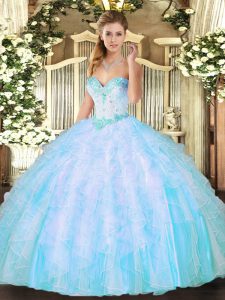 Ball Gowns Vestidos de Quinceanera Aqua Blue Sweetheart Organza Sleeveless Floor Length Lace Up