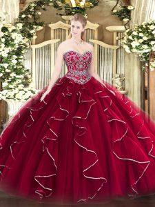 High Quality Tulle Sweetheart Sleeveless Lace Up Beading and Ruffles Ball Gown Prom Dress in Wine Red