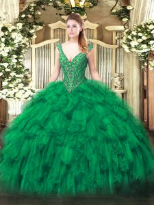 Glamorous Green Ball Gowns Beading and Ruffles Sweet 16 Dress Lace Up Organza Sleeveless Floor Length