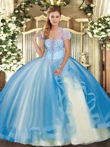 Cheap Baby Blue Tulle Lace Up Strapless Sleeveless Floor Length Vestidos de Quinceanera Appliques and Ruffles