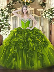 Floor Length Lace Up 15th Birthday Dress Olive Green for Military Ball and Sweet 16 and Quinceanera with Beading and Ruffles