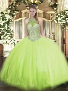 Lovely Floor Length Yellow Green Quinceanera Dresses Halter Top Sleeveless Lace Up