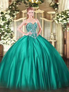 Turquoise Satin Lace Up Quinceanera Gowns Sleeveless Floor Length Beading