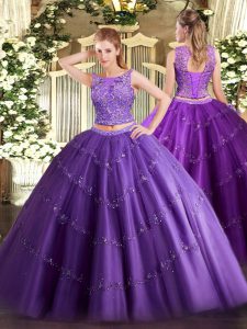 Romantic Floor Length Purple Sweet 16 Quinceanera Dress Tulle Sleeveless Beading and Appliques