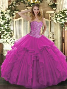 Super Floor Length Fuchsia Vestidos de Quinceanera Sweetheart Sleeveless Lace Up