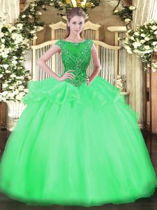 Green Ball Gowns Organza Scoop Cap Sleeves Beading Floor Length Zipper Quince Ball Gowns