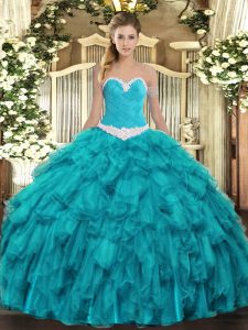 Teal Sweetheart Lace Up Appliques and Ruffles Sweet 16 Quinceanera Dress Sleeveless