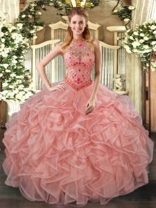 Fashion Sleeveless Organza Floor Length Lace Up Sweet 16 Dresses in Peach with Beading and Embroidery and Ruffles