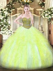 Yellow Green Ball Gowns Sweetheart Sleeveless Tulle Floor Length Lace Up Beading and Ruffles Quinceanera Gown