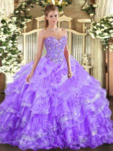 Low Price Lavender Ball Gowns Sweetheart Sleeveless Organza Floor Length Lace Up Embroidery and Ruffled Layers Sweet 16 Dresses