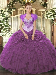 Gorgeous Sleeveless Floor Length Beading and Ruffles Lace Up Quinceanera Gown with Eggplant Purple