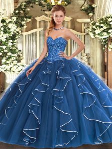 Attractive Blue Ball Gowns Sweetheart Sleeveless Tulle Floor Length Lace Up Beading and Ruffles Quinceanera Dress