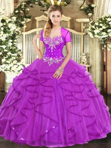 Charming Sleeveless Tulle Floor Length Lace Up Quinceanera Dress in Fuchsia with Beading and Ruffles