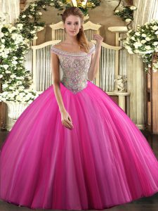 Cute Hot Pink Tulle Lace Up Quinceanera Dress Sleeveless Floor Length Beading