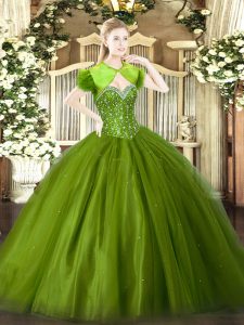 High End Olive Green Tulle Lace Up Quince Ball Gowns Sleeveless Floor Length Beading