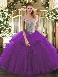 Best Off The Shoulder Sleeveless Lace Up Quinceanera Dress Eggplant Purple Tulle