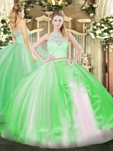 Green Sleeveless Lace and Ruffles Floor Length 15 Quinceanera Dress