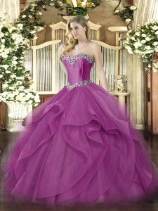 Fuchsia Sleeveless Floor Length Beading and Ruffles Lace Up Sweet 16 Quinceanera Dress