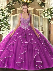 Edgy Straps Sleeveless 15th Birthday Dress Floor Length Beading Fuchsia Tulle