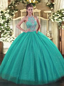 New Style Turquoise Sleeveless Floor Length Beading Lace Up Quinceanera Dress