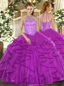 Dramatic Purple Ball Gowns Beading and Ruffles Quinceanera Gown Lace Up Organza Sleeveless Floor Length