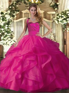 Luxury Hot Pink Tulle Lace Up Halter Top Sleeveless Floor Length Sweet 16 Dress Ruffles