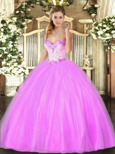 Fancy Sleeveless Tulle Floor Length Lace Up Quince Ball Gowns in Lilac with Beading