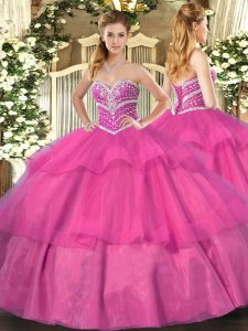 Vintage Hot Pink Ball Gowns Beading and Ruffled Layers Quinceanera Gown Lace Up Tulle Sleeveless Floor Length