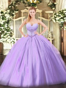 Sleeveless Tulle Floor Length Lace Up Quinceanera Dresses in Lavender with Beading