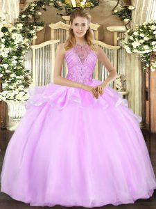 Lilac Sleeveless Floor Length Beading Lace Up Vestidos de Quinceanera