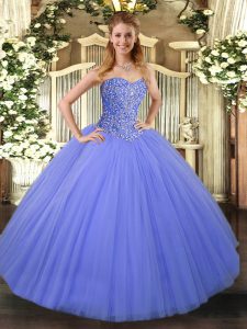 Inexpensive Floor Length Blue Quince Ball Gowns Tulle Sleeveless Beading