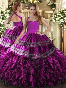 Fuchsia Ball Gowns Halter Top Sleeveless Satin and Organza Floor Length Lace Up Embroidery and Ruffles Sweet 16 Dress