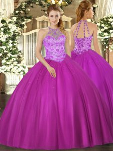 High Quality Fuchsia Lace Up Quince Ball Gowns Beading Sleeveless Floor Length