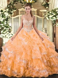 Suitable Orange Ball Gowns Beading and Ruffled Layers Ball Gown Prom Dress Lace Up Organza Sleeveless Floor Length