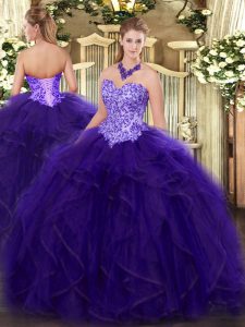 Gorgeous Sleeveless Floor Length Appliques and Ruffles Lace Up 15 Quinceanera Dress with Purple