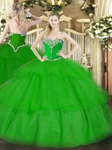 Green Lace Up Sweetheart Beading and Ruffled Layers Ball Gown Prom Dress Tulle Sleeveless