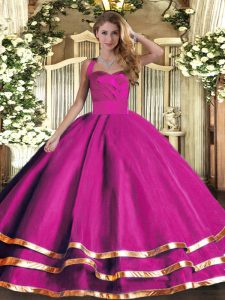 Floor Length Fuchsia Quinceanera Dresses Tulle Sleeveless Ruffled Layers