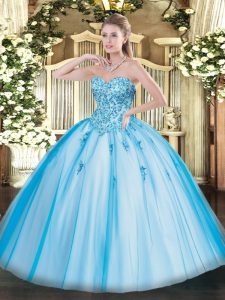 Exceptional Floor Length Lace Up Sweet 16 Quinceanera Dress Baby Blue for Military Ball and Sweet 16 and Quinceanera with Appliques