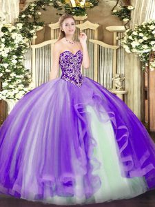 Romantic Lavender Lace Up Quince Ball Gowns Beading and Ruffles Sleeveless Floor Length