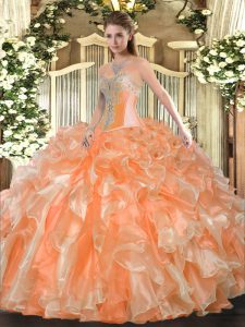 Orange Sweetheart Lace Up Beading and Ruffles Quince Ball Gowns Sleeveless