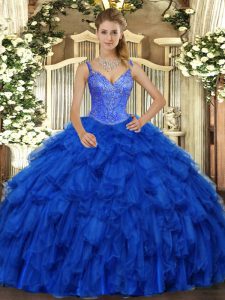 Royal Blue Sweet 16 Dress Military Ball and Sweet 16 and Quinceanera with Beading and Ruffles V-neck Sleeveless Lace Up