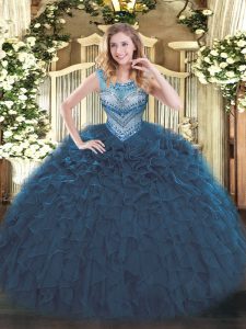 Dramatic Navy Blue Sleeveless Organza Lace Up Sweet 16 Dresses for Military Ball and Sweet 16 and Quinceanera