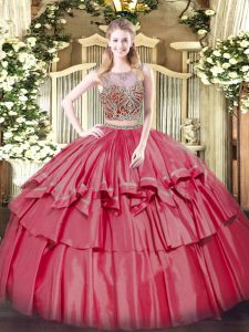 Modern Coral Red Sleeveless Beading and Ruffled Layers Floor Length Sweet 16 Quinceanera Dress