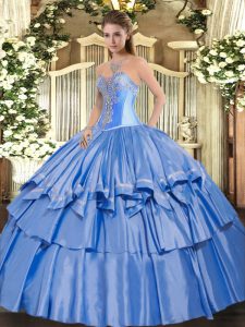 Great Baby Blue Sleeveless Floor Length Beading and Ruffled Layers Lace Up Quinceanera Gown