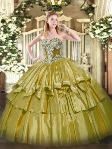 Olive Green Strapless Lace Up Beading and Ruffled Layers Sweet 16 Quinceanera Dress Sleeveless