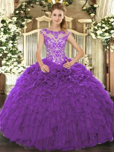 Amazing Cap Sleeves Organza Floor Length Lace Up Quince Ball Gowns in Purple with Beading and Ruffles and Hand Made Flower