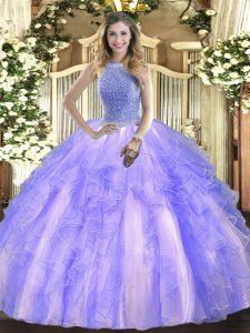 Low Price Lavender Tulle Lace Up High-neck Sleeveless Floor Length Quinceanera Gowns Beading and Ruffles