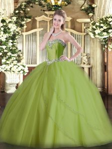 Fancy Olive Green Sweet 16 Dresses Military Ball and Sweet 16 and Quinceanera with Beading Sweetheart Sleeveless Brush Train Lace Up