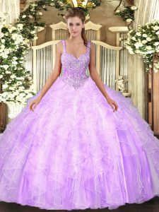 Floor Length Lilac Quinceanera Dresses Straps Sleeveless Lace Up