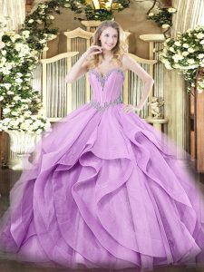 Excellent Lavender Sweetheart Neckline Beading and Ruffles Quince Ball Gowns Sleeveless Lace Up